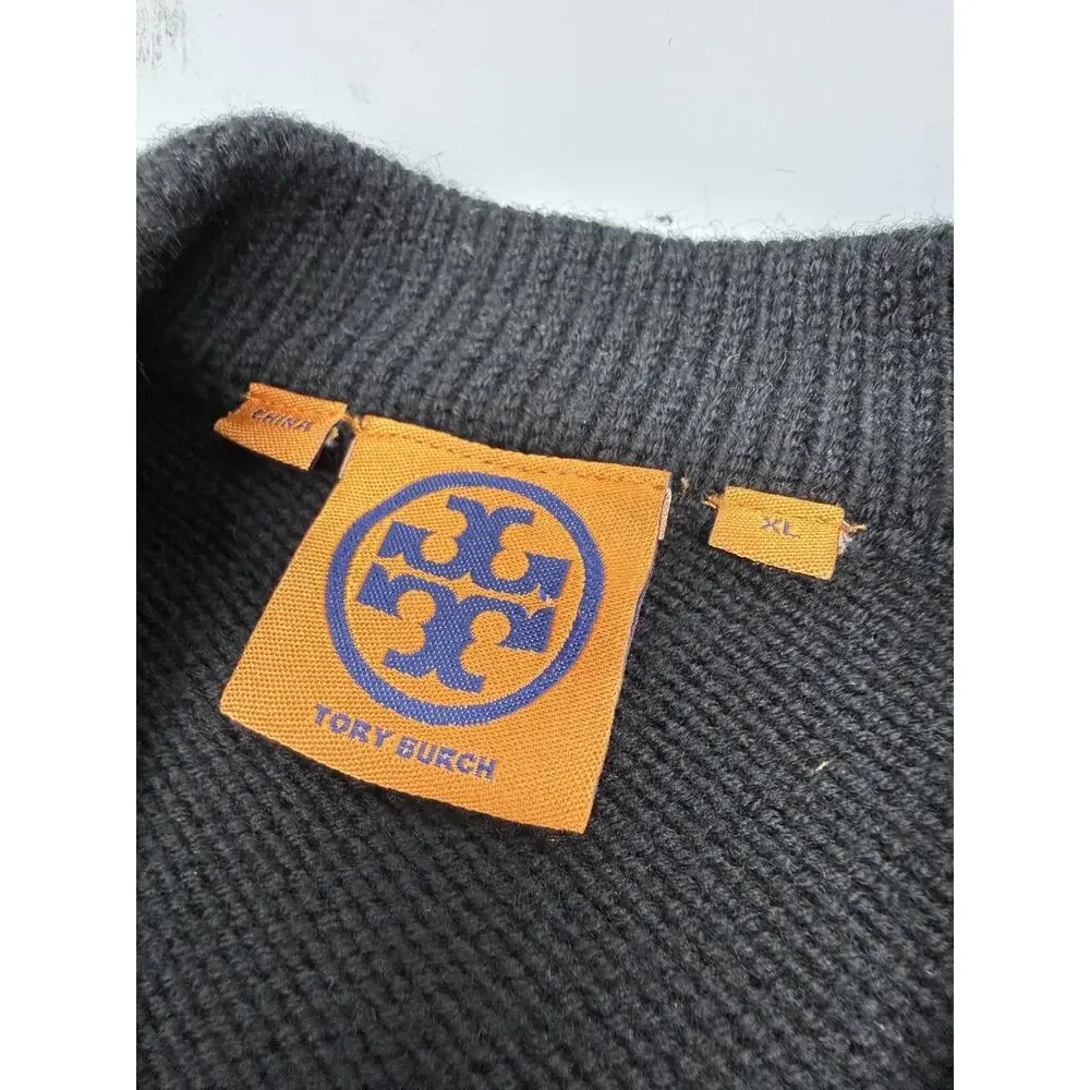 Tory Burch Long 100% Wool Cardigan Coat XL Black Gold Logo Buttons